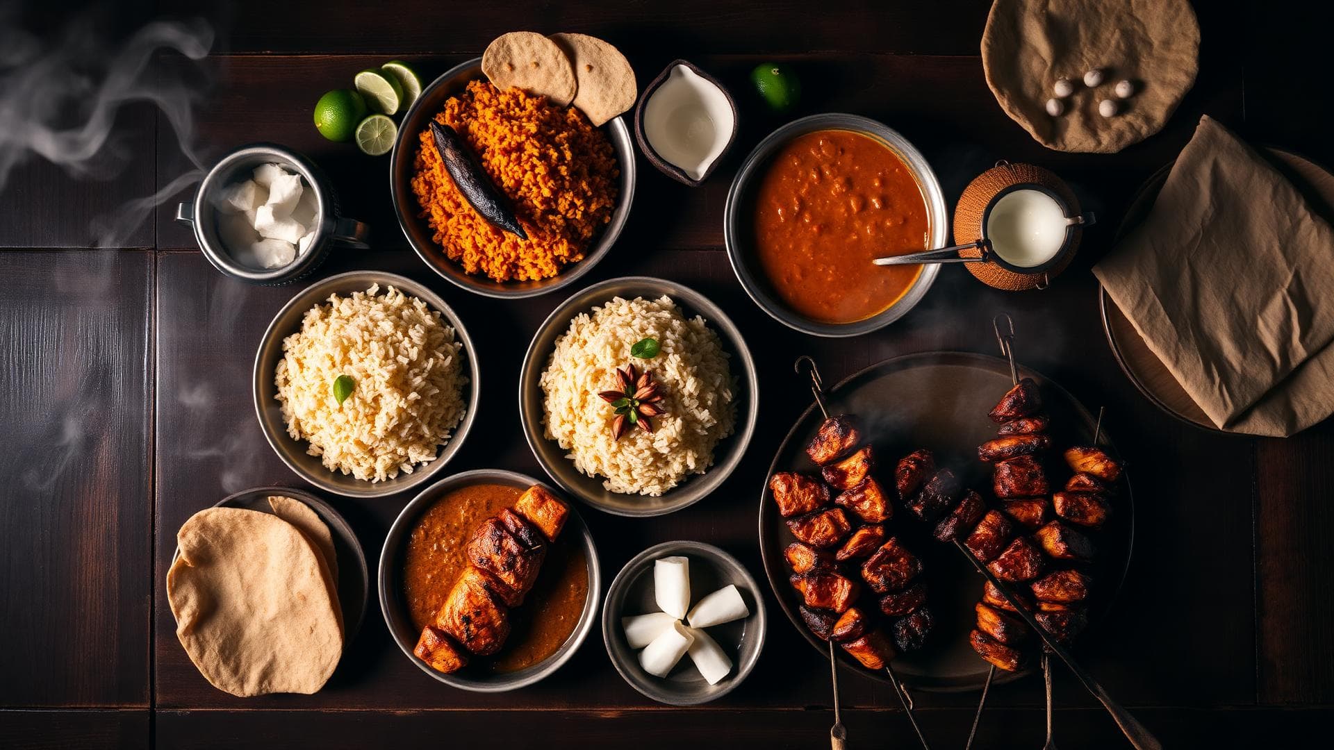 A spread of traditional Swahili dishes — pilau, coconut curry, chapati and grilled skewers